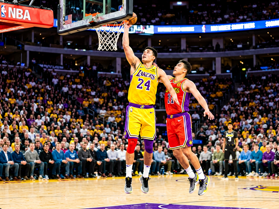NBA比赛现场，球员突破上篮